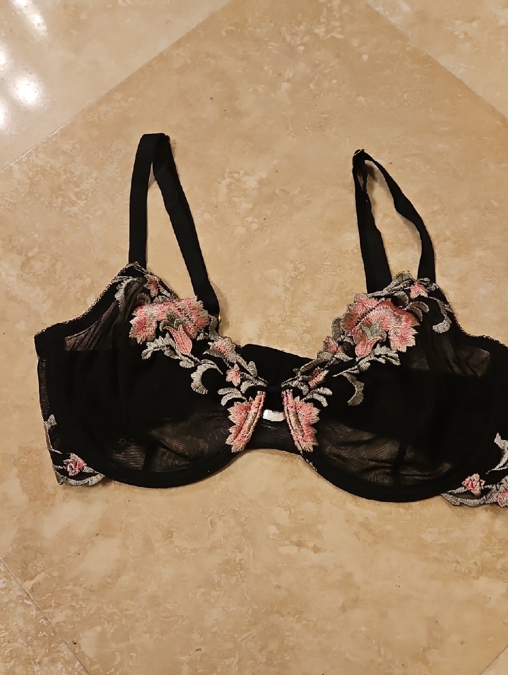 VTG Natori Black Sheer Underwire Bra with Pink Floral Embroidery